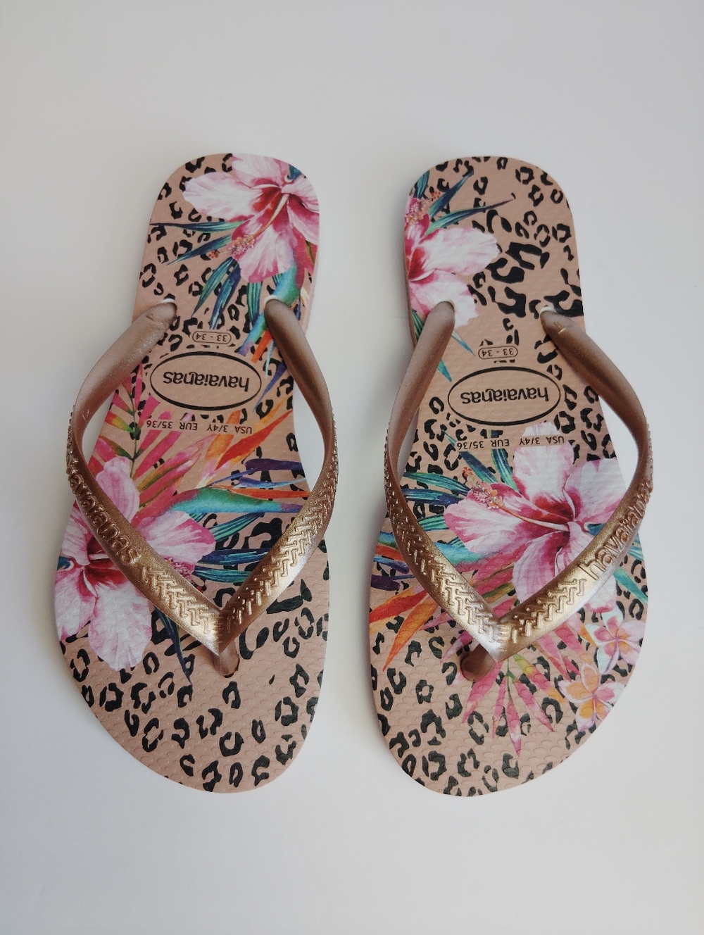 Havaianas Youth Girls Floral Flip Flops - Hibiscus on Animal Print Size 3/4 New